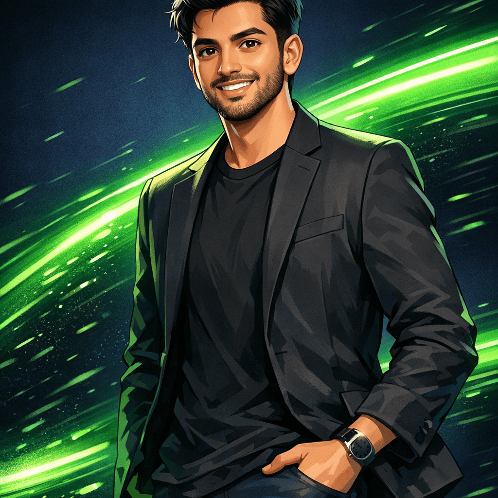 Smiling man in a black blazer against a background of dynamic green light trails.