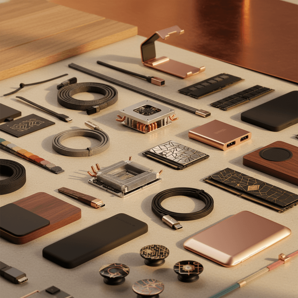 TechNest electronics accessories collection including cables, computer components, and mobile accessories