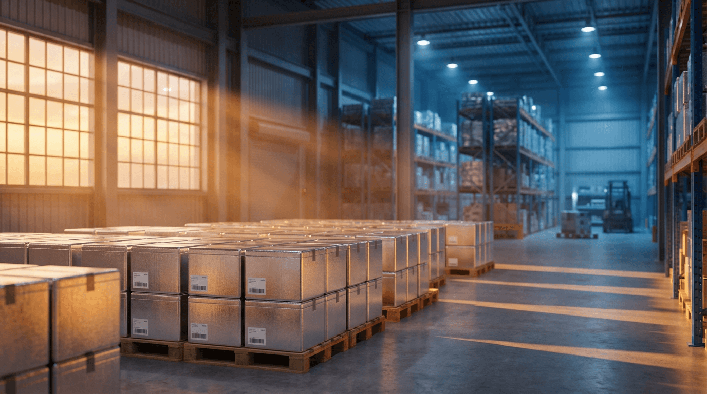 Warehouse interior with stacked refrigerated boxes illuminated by golden-hour light streaming through windows