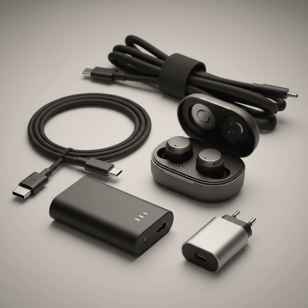 Extreme close-up of premium audio equipment and charging accessories showing craftsmanship and material details