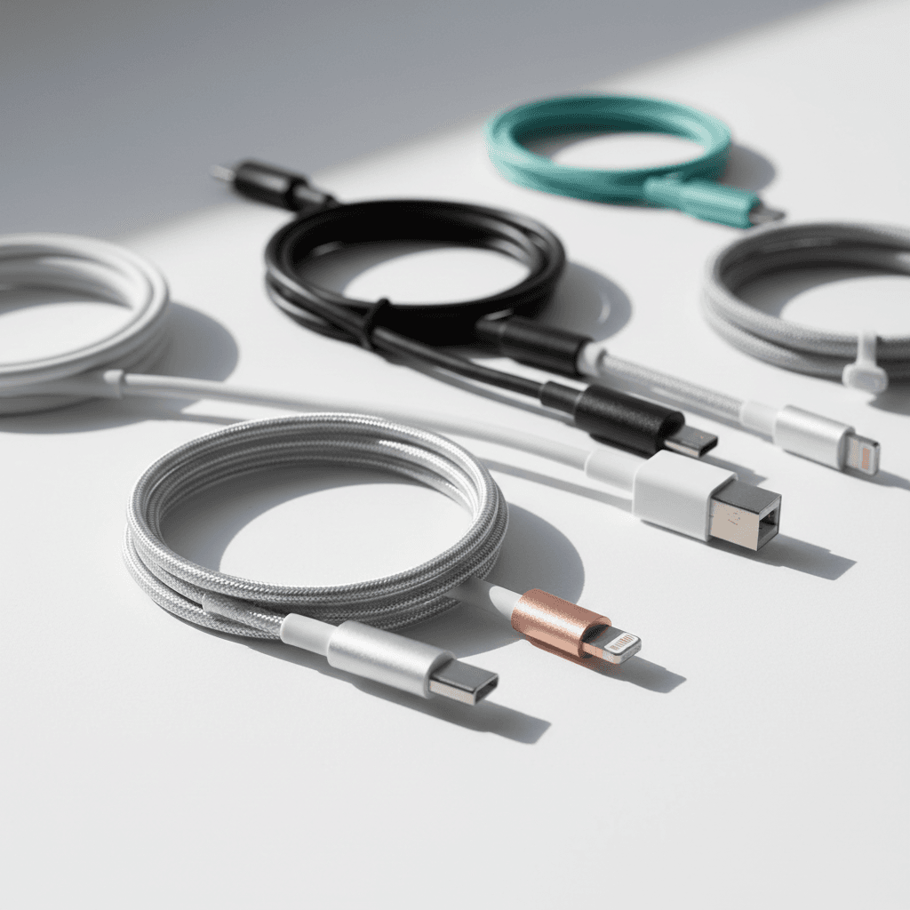 Organized collection of charging cables including USB-C, Lightning, and micro-USB connectors on white background