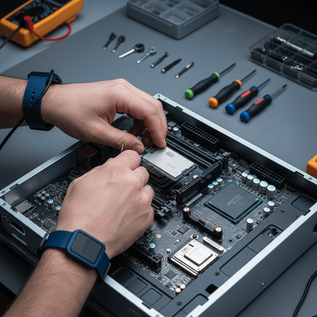 Computer components including RAM, SSD, and cooling fan